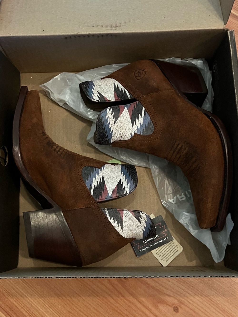 Ariat Brown Suede Western Cutout Ankle Boots with Multicolor Insets
